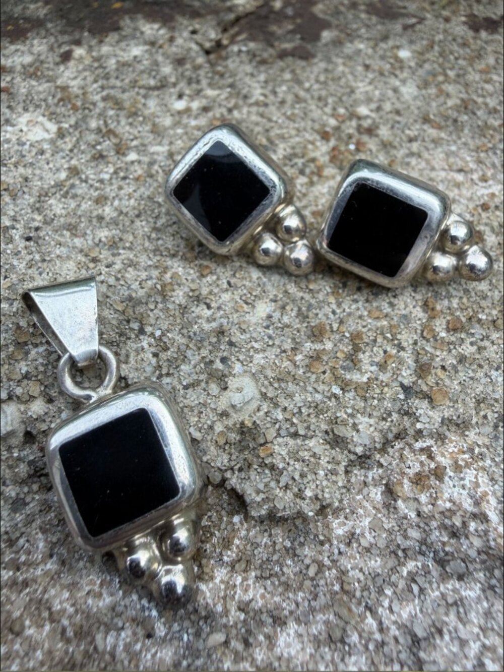 Vintage Mexico 925 Sterling Silver Black Onyx Square Jewelry Set Earrings Pendan